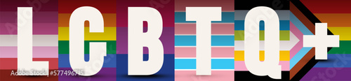 LGBTQ word lettering banner. Design typography with L Lesbian flag, G Gay Pride flag colored. B Bisexual. T Transgender community pride. Q Queer. Gay parade symbol. Template vector illustration.