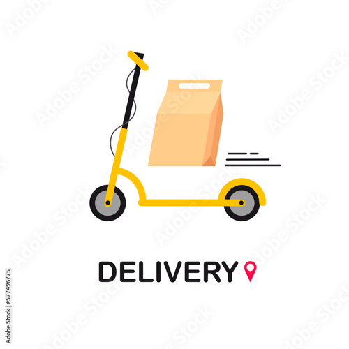 Delivery by electric bike. E scooter with package product box.Eco alternative city transport. Fast shipping service. Vector illustration isolated on white background.