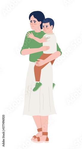 Woman in anxious mood holding toddler son semi flat color vector characters. Editable figures. Full body people on white. Simple cartoon style spot illustration for web graphic design and animation