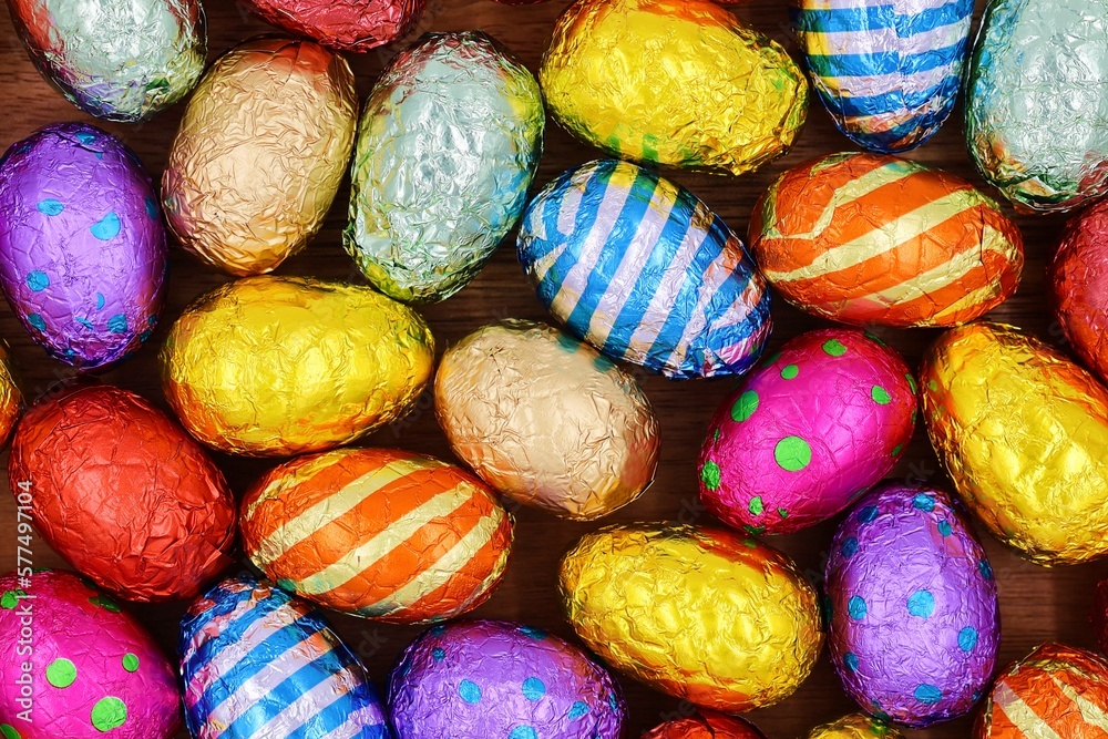 Tasty chocolate Easter eggs . Multicolored. Top view. Easter background. Tasty chocolate Easter eggs . Multicolored. Top view. Easter background.