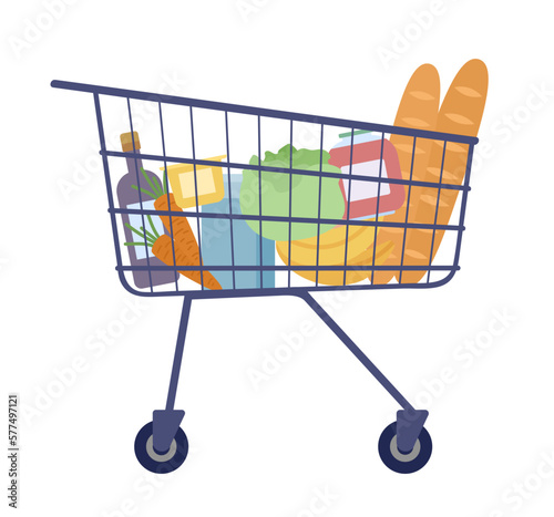 Shopping cart with food from supermarket semi flat color vector object. Editable icon. Full sized element on white. Simple cartoon style spot illustration for web graphic design and animation