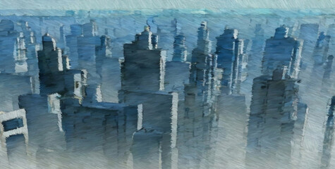 Fotobehang Aquarelschilderij wolkenkrabber  Futuristische skyline in digitale aquarel  © Jakub