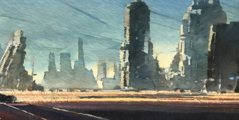 Fotobehang Aquarelschilderij wolkenkrabber  Futuristisch stadsgezicht in digitale aquarel  © Jakub