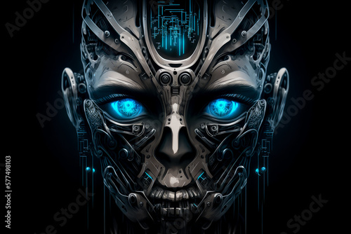 Dark and moody image of a robotic head with glowing blue eyes, generative ai