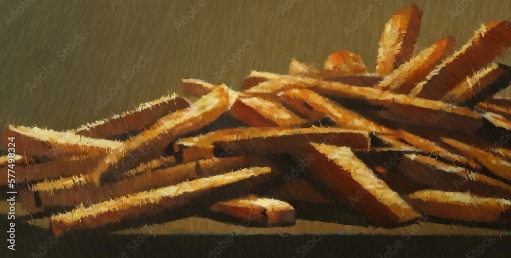 Fast food fries. Digital watercolor painting. Concept art. 2d illustration.