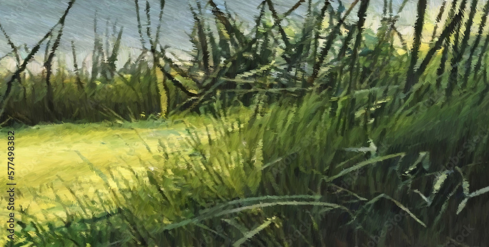Fototapeta premium Green grass. Digital watercolor painting. Concept art. 2d illustration.