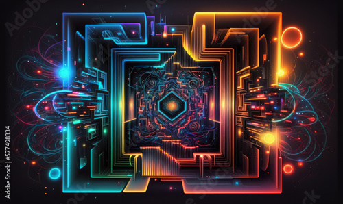 digital art piece featuring binary code transformed into a stunning fractal pattern, with mesmerizing neon colors, generative ai