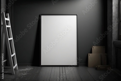 Mock up room, empty white poster on black wall. Generative AI