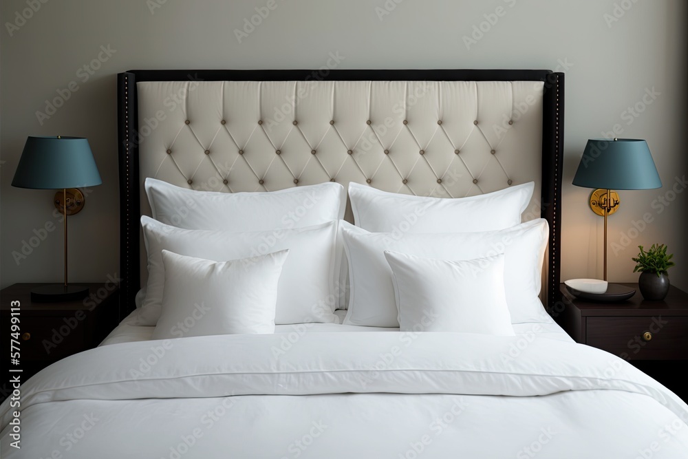 Comfortable double bed, white bed sheets and pillows. Freshness and cleanliness in a hotel room