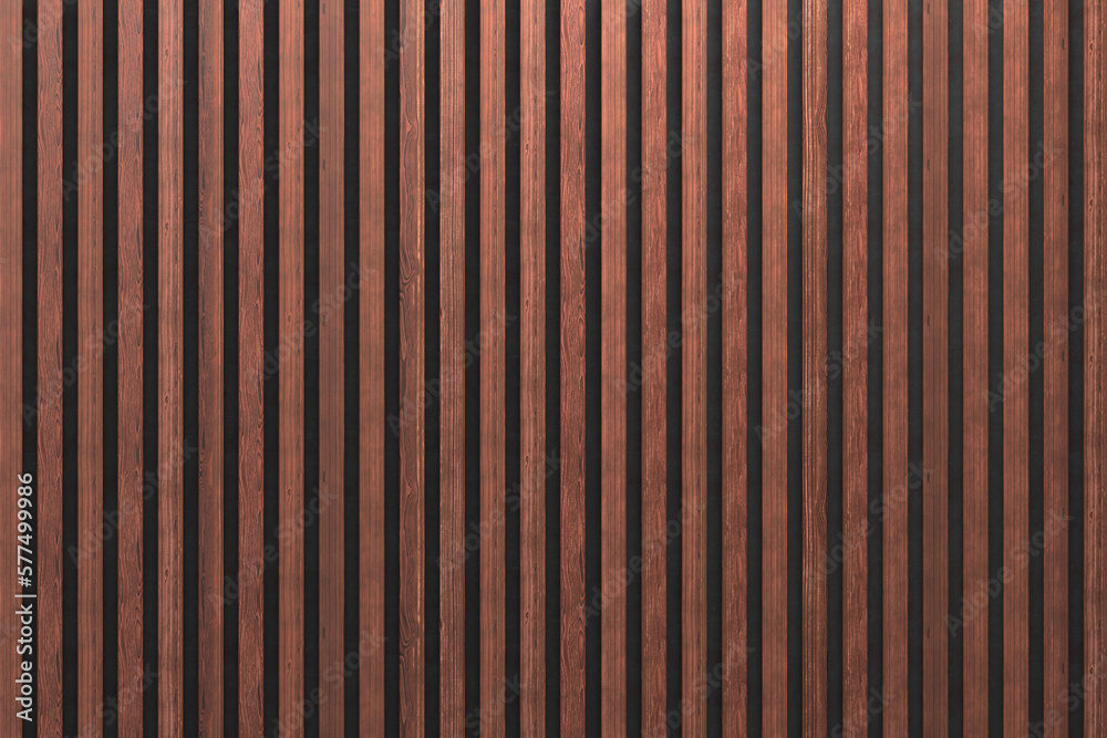 A wall of wooden slats in the color of dark wood with a pattern of wall  panels in the background Stock Photo