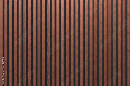 Fototapeta Naklejka Na Ścianę i Meble -  A wall of wooden slats in the color of dark wood with a pattern of wall panels in the background