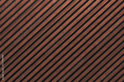A wall of wooden slats in the color of dark wood with a pattern of wall panels in the background