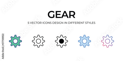 gear Icon Design in Five style with Editable Stroke. Line, Solid, Flat Line, Duo Tone Color, and Color Gradient Line. Suitable for Web Page, Mobile App, UI, UX and GUI design.