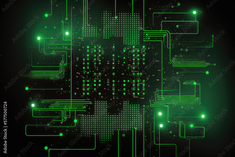 high-tech background of green and black Matrix code creating a digital web with glowing neon lines and dots, generative ai