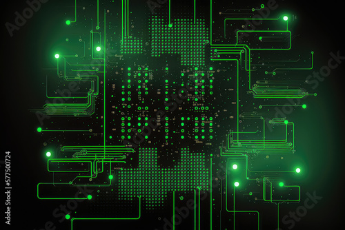 high-tech background of green and black Matrix code creating a digital web with glowing neon lines and dots, generative ai