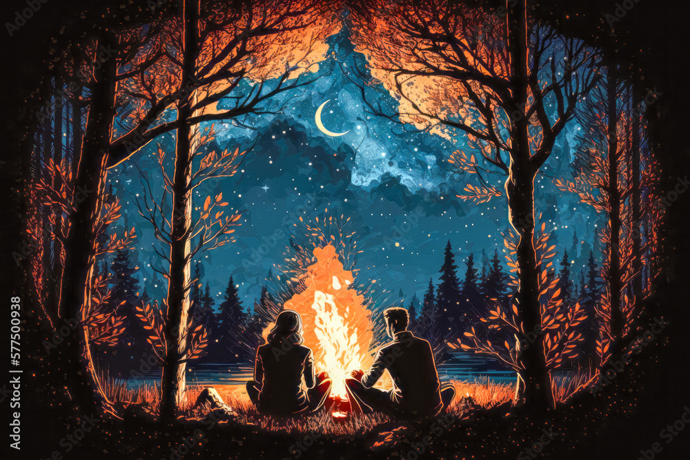 An illustration of an intimate and cozy scene of a couple sitting by a campfire in the woods, as the night sky above is filled with stars, AI generated illustration