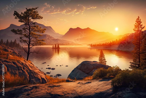 A serene and peaceful landscape with a mountain range and a forest around a lake, golden hour, AI generated illustration