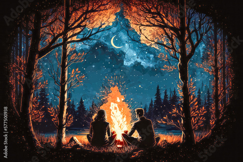 An illustration of an intimate and cozy scene of a couple sitting by a campfire in the woods  as the night sky above is filled with stars  AI generated illustration