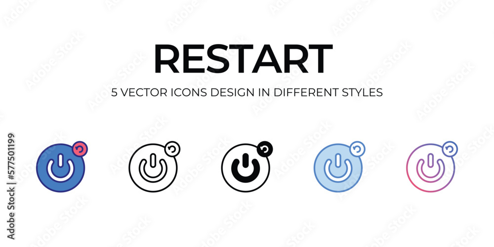 restart Icon Design in Five style with Editable Stroke. Line, Solid, Flat Line, Duo Tone Color, and Color Gradient Line. Suitable for Web Page, Mobile App, UI, UX and GUI design.