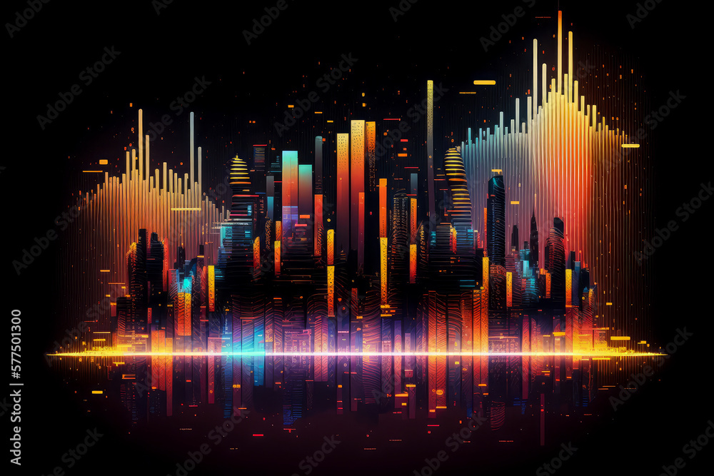 mesmerizing digital artwork of binary code resembling a neon city skyline, pulsating with electric energy, generative ai