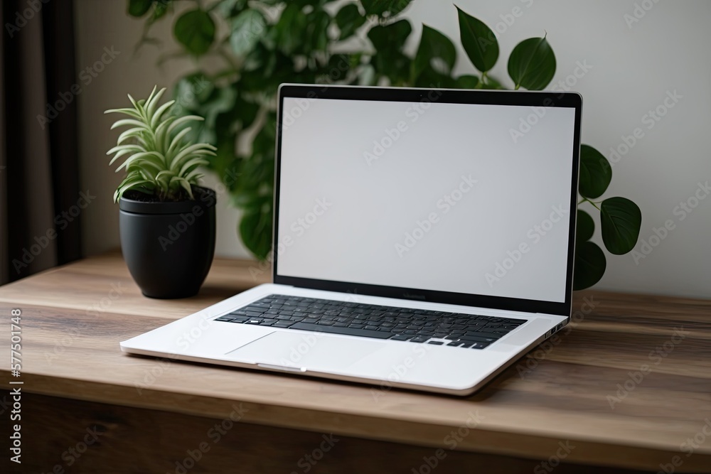 Copy space Laptop with blank screen on wood table. Generative AI Copy space Laptop with blank screen on wood table. Generative AI