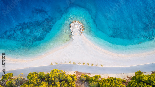 The beauty of the coastline and beach near Brela, Baška Voda, Croatia has been captured from above.