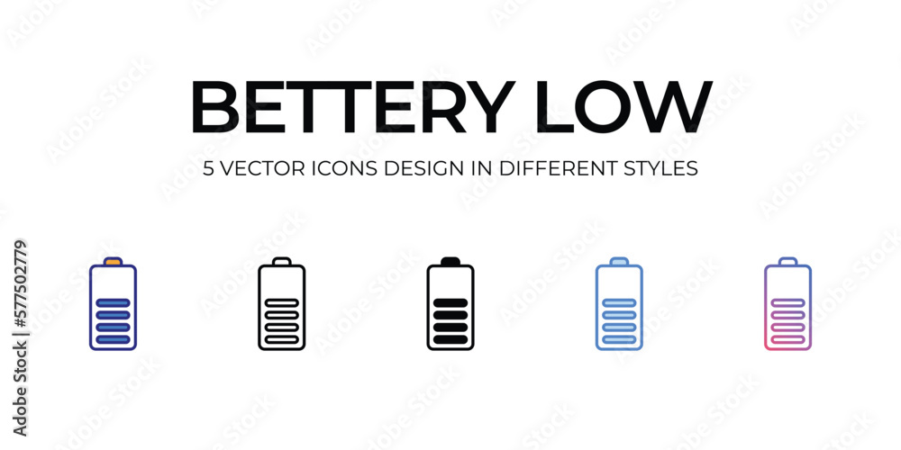 battery low Icon Design in Five style with Editable Stroke. Line, Solid, Flat Line, Duo Tone Color, and Color Gradient Line. Suitable for Web Page, Mobile App, UI, UX and GUI design. battery low Icon Design in Five style with Editable Stroke. Line, Solid, Flat Line, Duo Tone Color, and Color Gradient Line. Suitable for Web Page, Mobile App, UI, UX and GUI design.
