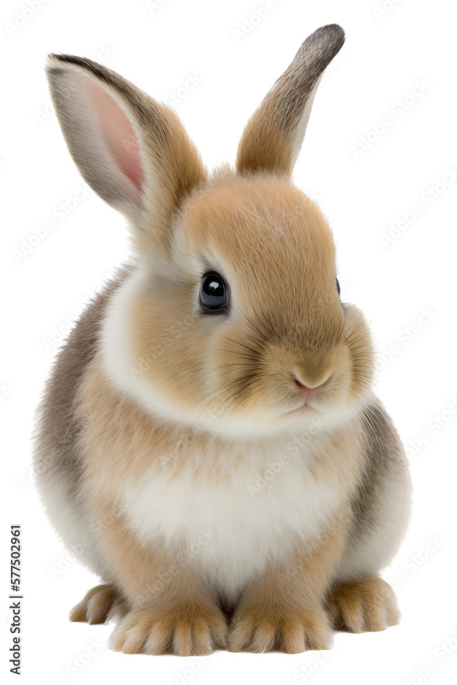 Fototapeta premium A spring-themed illustration featuring adorable isolated bunnies and rabbits surrounded by colorful flowers, including roses, all set on a transparent background and provided in PNG. Generative AI