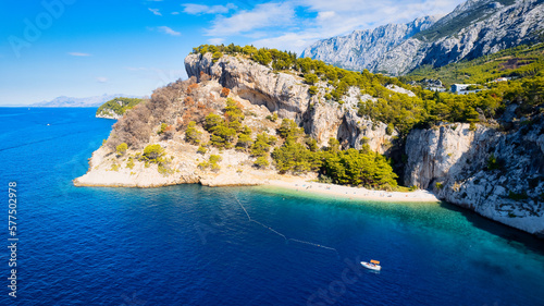 A stunning drone photo panorama of a sunny day on a beach in Croatia perfect for a vacation