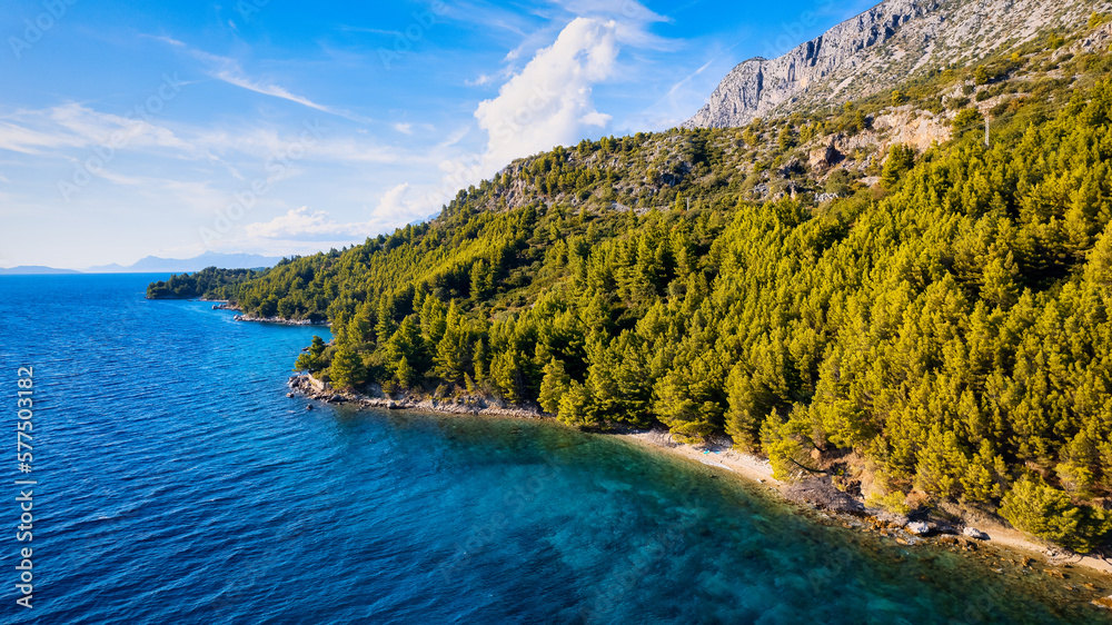 Fototapeta premium Take in the beauty of Croatia's coastal region from a new perspective with this stunning drone view, which features clear blue water and forested land.