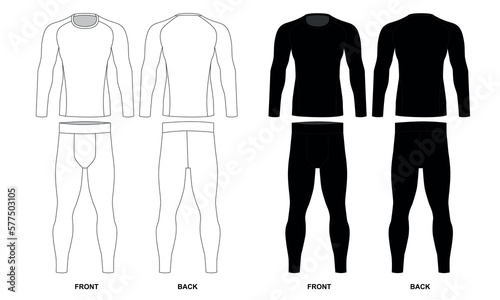 Set of technical drawings of men's rash guard and sweatpants, vector. Superman costume drawing. Long sleeve and leggings sketch for men, front and back view. Vector template of men's underwear.