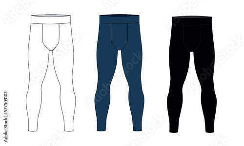 Contour drawing of men's leggings. Vector template of men's sports pants made of stretch fabric. Technical drawing of compression leggings for men in blue, white, black colors. Sketch of men's joggers