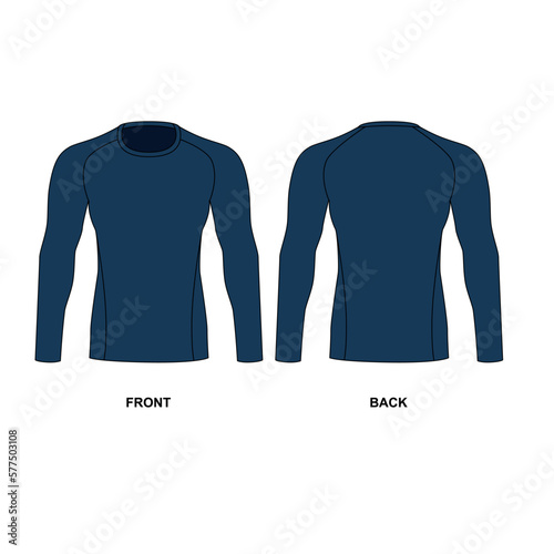 Technical drawing of a men's crew neck jersey. Rashguard vector template front and back view. Sketch of a sports jacket with long sleeves made of stretch fabric. Blue color sweatshirt drawing, vector.