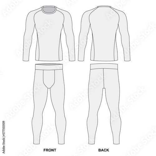 Stretch fabric men's technical drawing, vector. Superman costume, vector drawing. Outline sketch of a long sleeve and leggings for men, front and back view. Vector template of men's underwear.