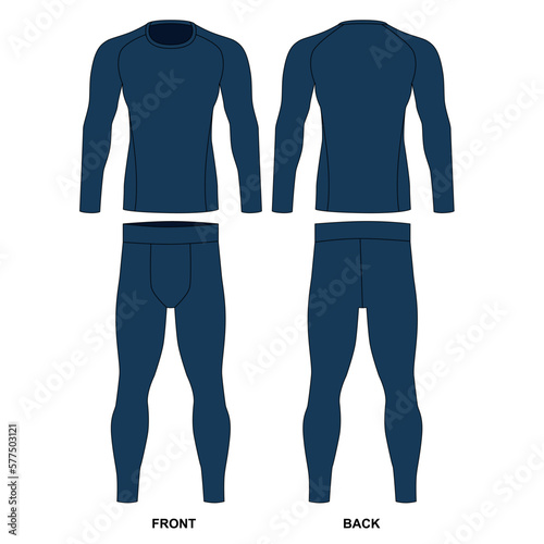 Superman costume, vector drawing.Technical drawing of men's clothing made of stretch fabric, vector. Long sleeve and leggings sketch for men, front and back view. Vector template of men's underwear.
