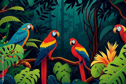 Green jungle landscape background banner illustration. Colorful parrots on background.