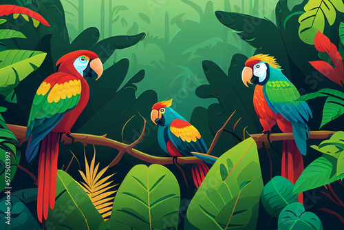 Green jungle landscape background banner illustration. Colorful parrots on background. © Artofinnovation