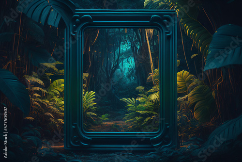 Fototapeta Naklejka Na Ścianę i Meble -  Green jungle landscape background banner illustration.
Empty frame for mock up or picture display.