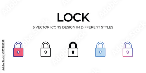 lock Icon Design in Five style with Editable Stroke. Line  Solid  Flat Line  Duo Tone Color  and Color Gradient Line. Suitable for Web Page  Mobile App  UI  UX and GUI design.