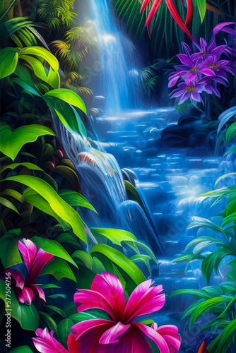 An Exotic Floral Wonderland by a Misty Waterfall