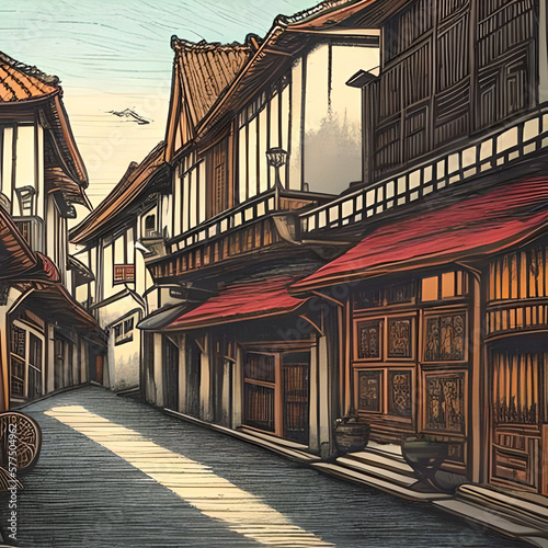 Crayon sketch of street in the old historic town. AI Generated illustration