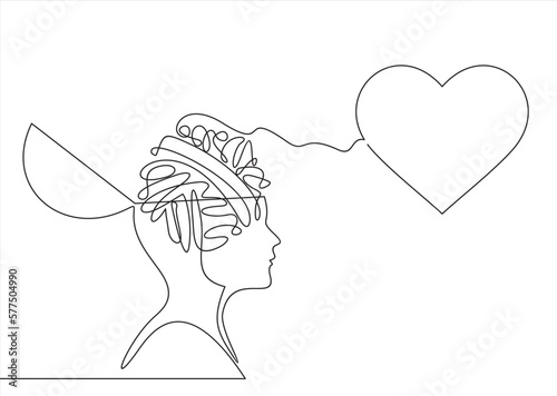 Continuous one line drawing of human head with a hearts. Vector illustration