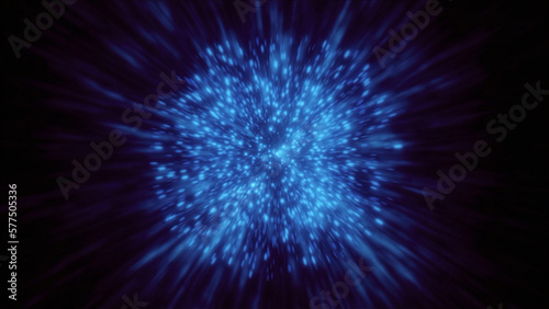 Explosive flow of luminous particles in space. Motion. Stream of luminous particles gathers at point before explosion. Flow of particles before explosion in space