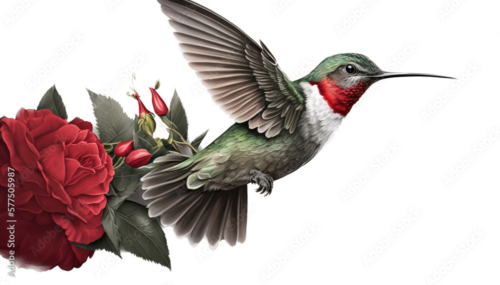 Fototapeta premium isolated hummingbirds, flowers, roses, spring illustration, transparent background, png, generative ai, horizontal, vertical