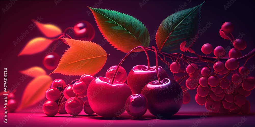 Macro shot of fresh red cherries. Generative AI - obrazy, fototapety, plakaty 