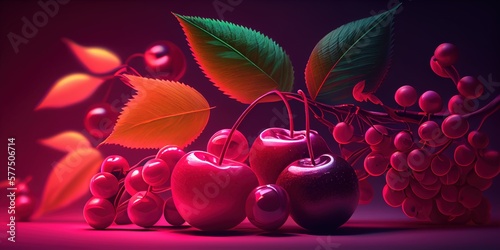 Macro shot of fresh red cherries. Generative AI