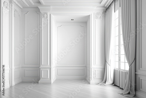 Modern classic white interior blank wall with moldings, curtains, hiden door and wood floor. illustration mock up. Generative AI photo