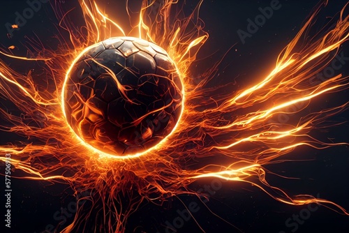 Photo Explosive football ball with a fiery background, generative AI