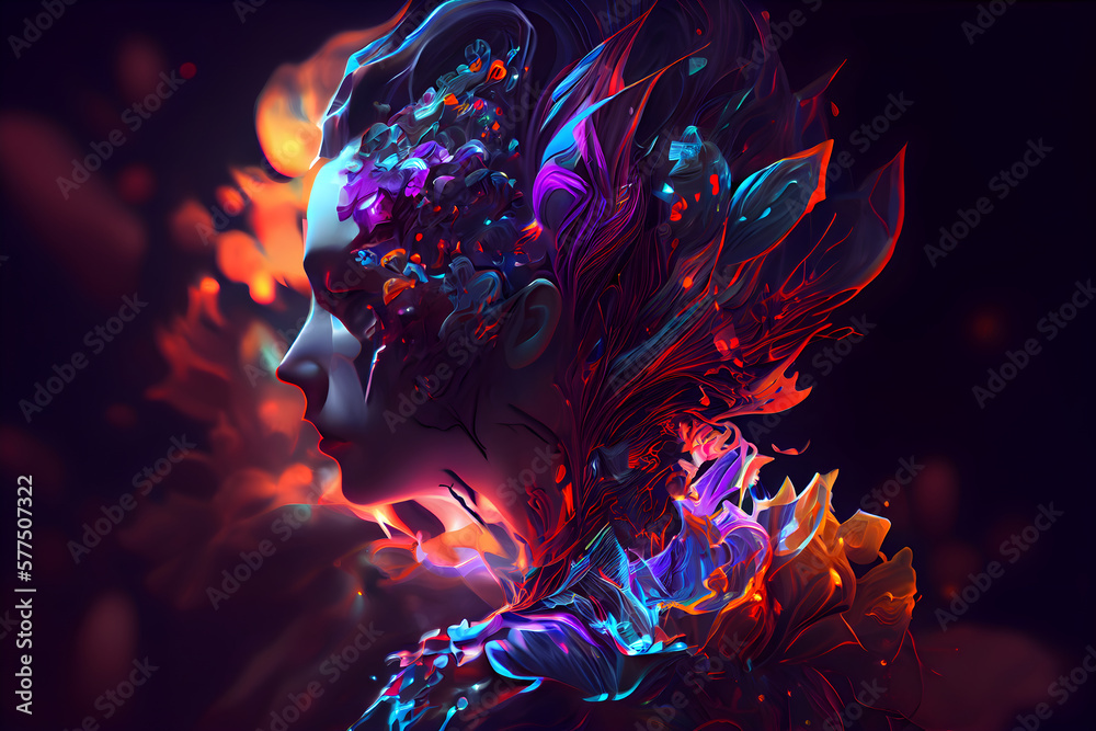 Obraz premium AI-Generated Mindfulness Illustration This stunning illustration features the head of a woman in a purple and orange color scheme, surrounded by crystals, created through the power of AI technology.