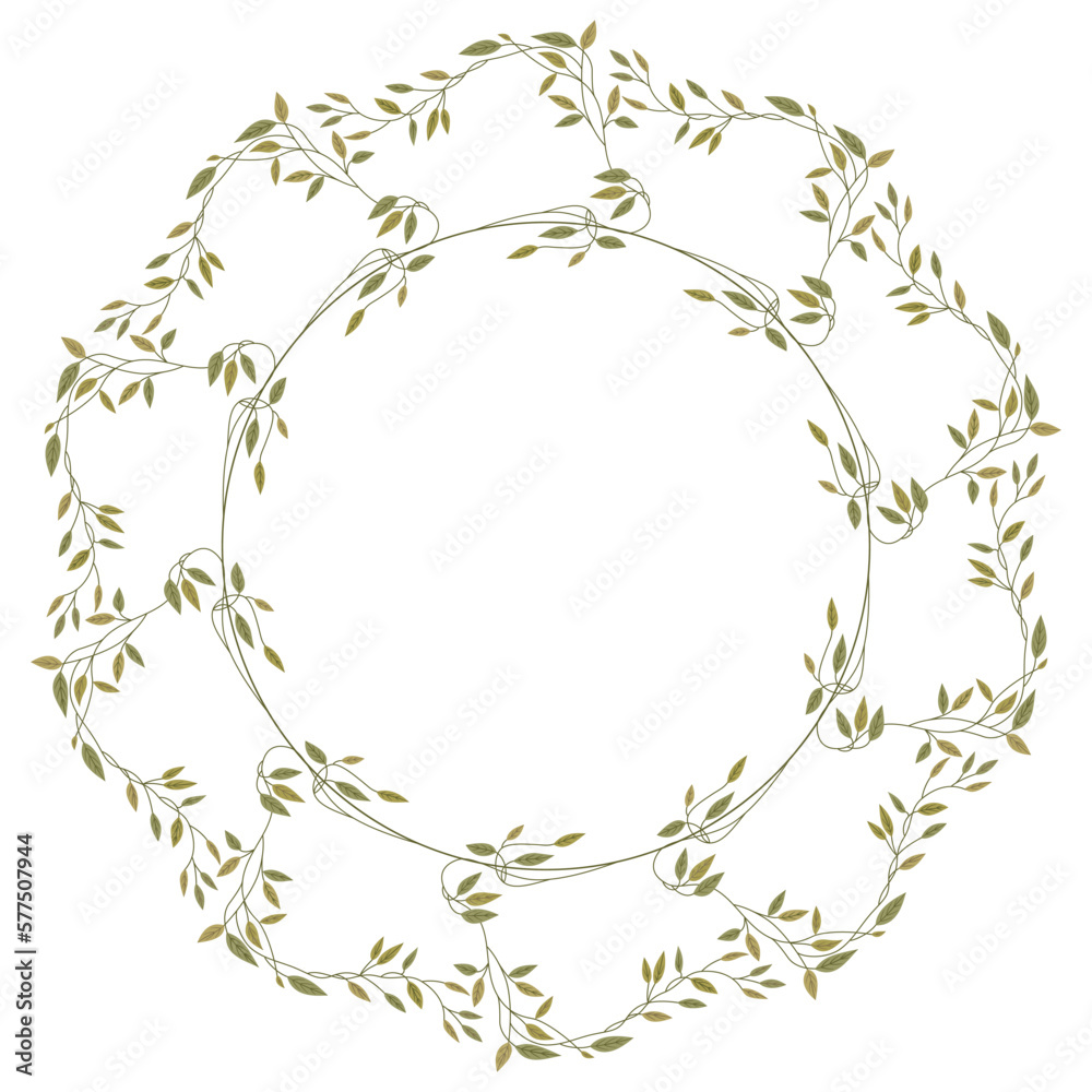 Round floral frame with leaf branches. Isolated vector illustration.